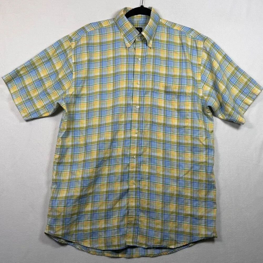 Jos A Bank 100% Linen Shirt Mens Medium Plaid Short Sleeve Button Down Summer